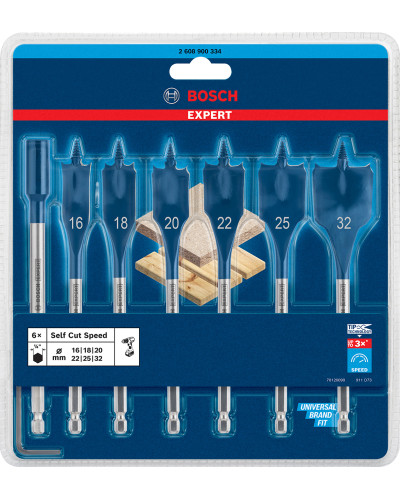 Набір перових свердел Bosch Expert Self Cut Speed 16, 18, 20, 22, 25, 32 мм з подовжувачем