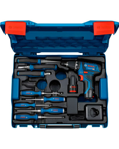 Аккумуляторная дрель-шуруповерт Bosch GSR 12V-15 Professional, 2 акб GBA 12V 2.0Ah, з/у GAL 12V-20 и набор инструментов в кейсе