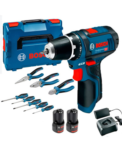 Аккумуляторная дрель-шуруповерт Bosch GSR 12V-15 Professional, 2 акб GBA 12V 2.0Ah, з/у GAL 12V-20 и набор инструментов в кейсе