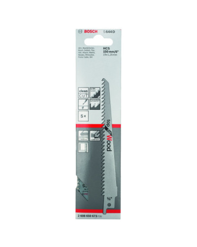 Пиляльне полотно Bosch S 644 D Top for Wood, 6 TPI, 150х19х1.25 мм, 5 шт