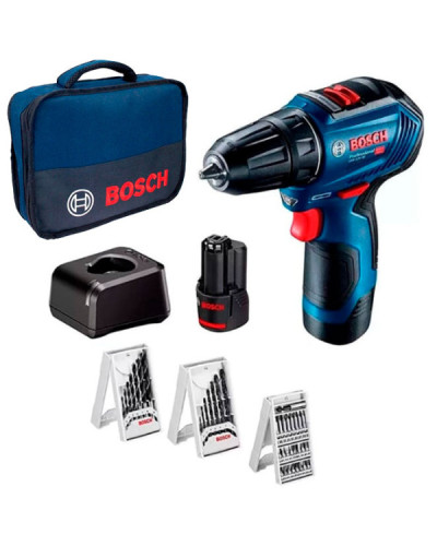 Акумуляторний дриль-шуруповерт Bosch GSR 12V-30 Professional, 2 акб GBA 12 V 2.0 Ah, з/п GAL 12V-203 і 3 набори насадок у сумці