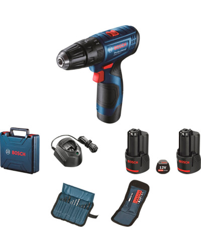 Акумуляторний ударний дриль-шурупокрут Bosch GSB 120-Li Professional у кейсі з набором приладдя, 2 акб GBA 12V 2 Ah і з/п GAL 1210 CV