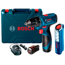 Акумуляторний ударний дриль-шуруповерт Bosch GSB 120-Li Professional з 2 акб GBA 12V 2.0Ah, з/в GAL 1210 CV, ліхтариком GLI 12V-300