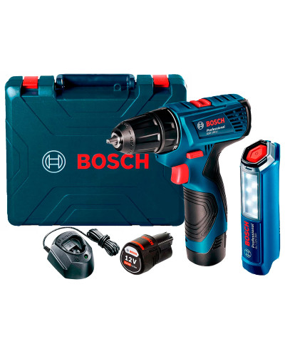 Акумуляторний ударний дриль-шуруповерт Bosch GSB 120-Li Professional з 2 акб GBA 12V 2.0Ah, з/в GAL 1210 CV, ліхтариком GLI 12V-300