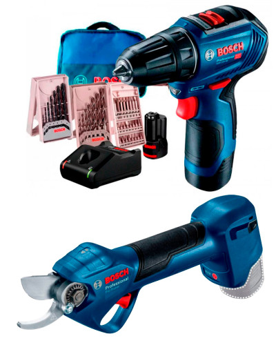 Акумуляторний шуруповерт Bosch GSR 12V-30 Professional, садові ножиці Bosch Pro Pruner, 2 акумулятори GBA 12V 2.0Ah, з/у GAL 12V-40, 3 набори насадок