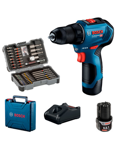 Акумуляторний шуруповерт Bosch GSR 12V-30 Professional, 2 акб 2 Ah, з/в GAL 12V-40, набір 43 насадок