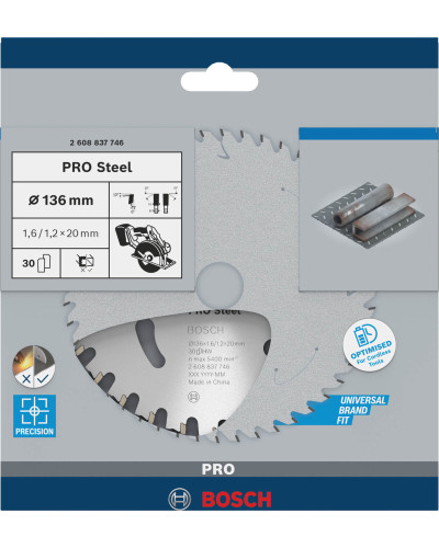 Пиляльний диск для акумуляторних циркулярних пил Bosch PRO Steel 136x1.6/1.2x20 мм, 30 HB